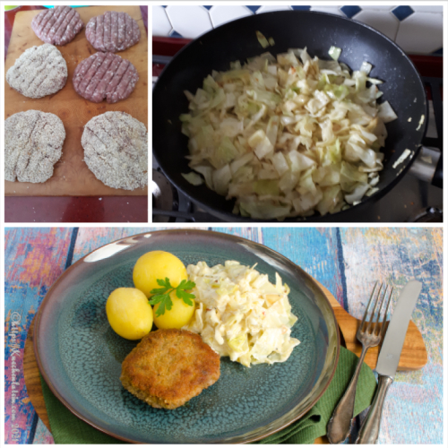 Panierte Hacksteaks mit gestovtem Spitzkohl und Kartoffeln – Krebinetter med flødestuvet spidskål og kartoffler